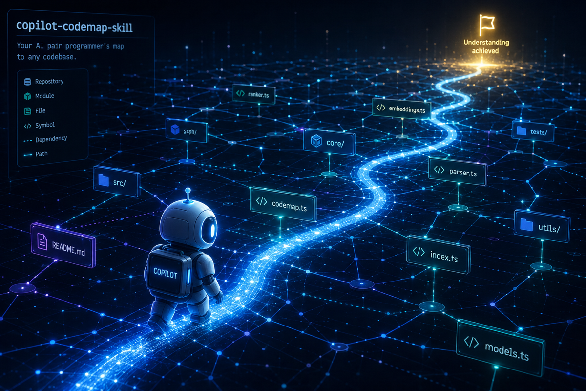 Illustration of a developer using a repository map to guide coding-assistant navigation